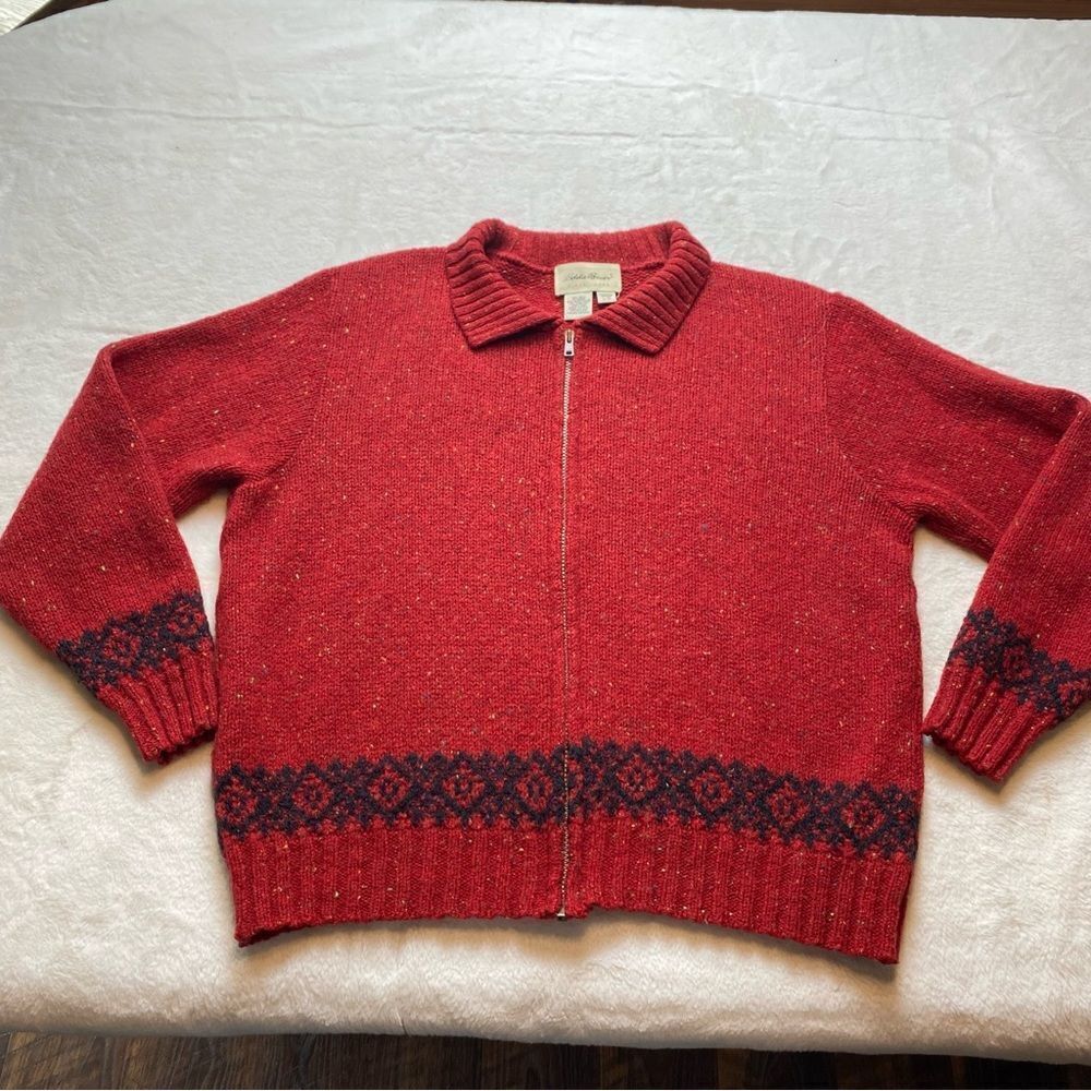 Eddie Bauer Vintage Wool Blend Front Zip Red Tweed Cardigan Sweater Size Large